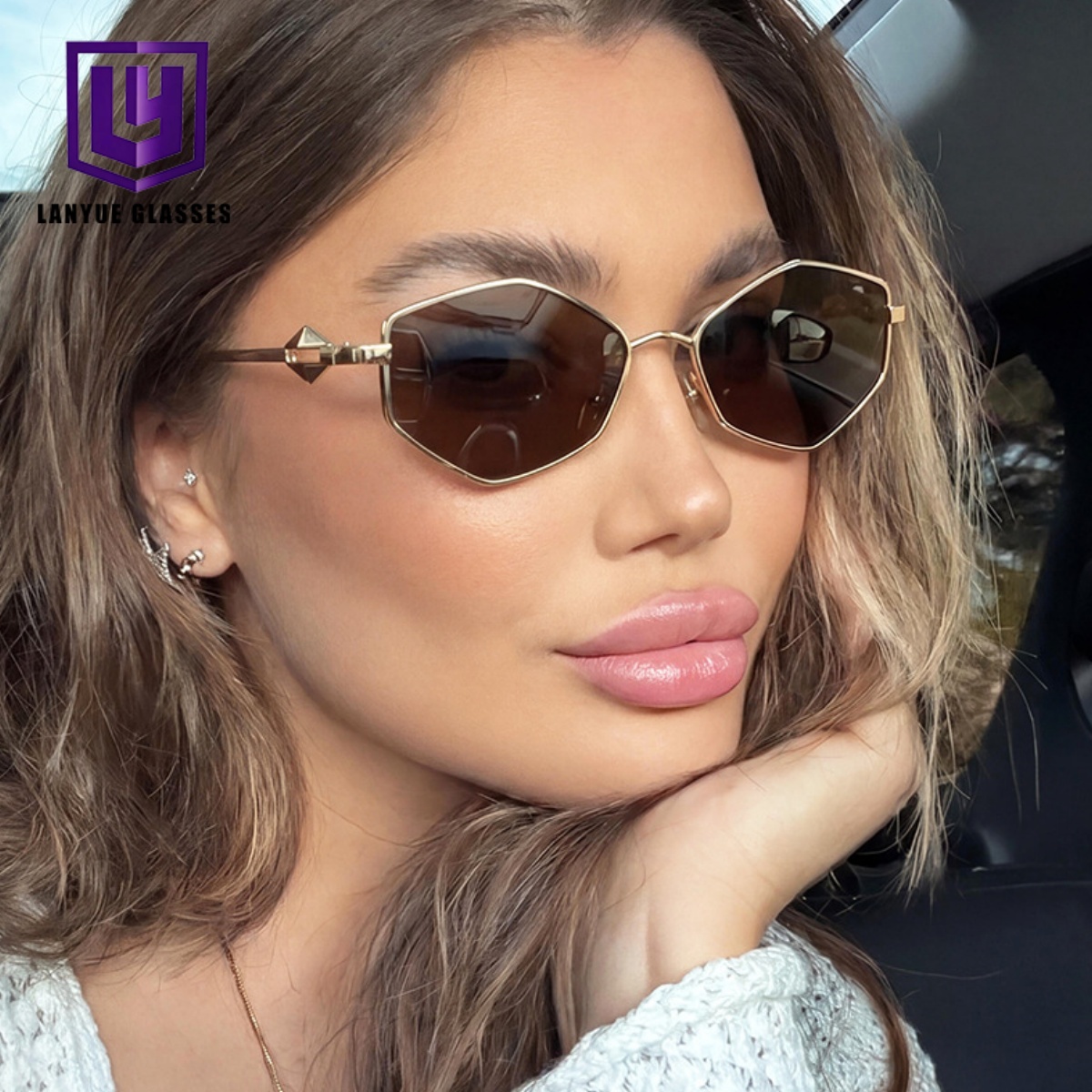 Geometric Hexagon Polygon Metal Frame RetroVintage Small Trendy Gradient Female Women Designer Fashion Luxury Glasses Sunglasses