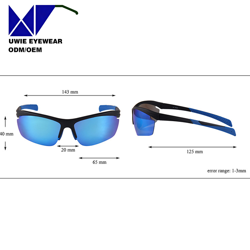 Size 65-20-127 Classic Solid Polarized Semi-Rimless PC Sports Sunglasses UV400 Lens Blue Big Cycling Hiking Travel Model