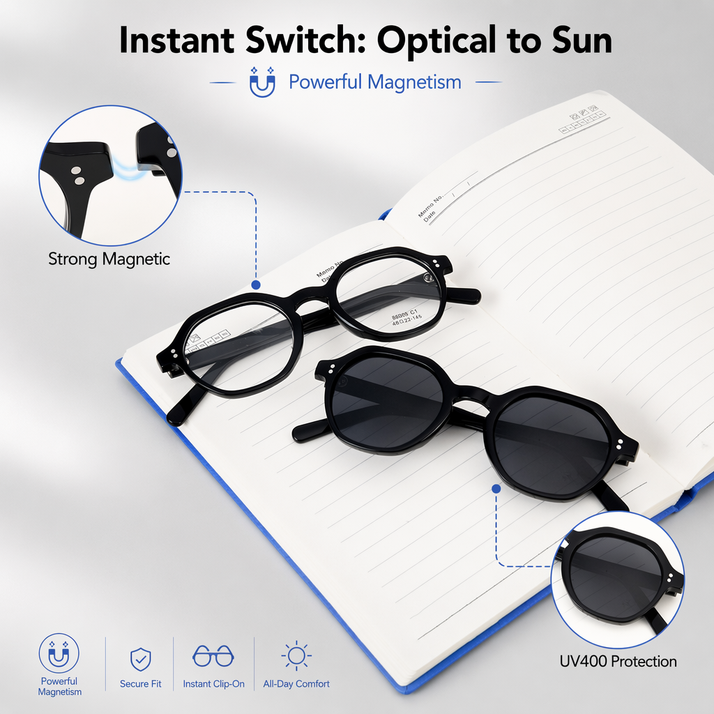 Hexagonal Polarized Magnetic Clip On Sunglasses Detachable Sun Lens UV Protection Outdoor Driving Eyewear Sunglasses Frame